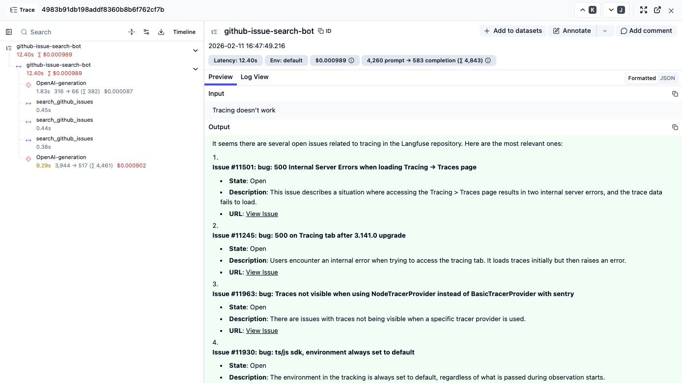 Traces from the GitHub issue search chatbot in Langfuse